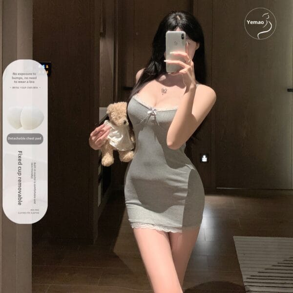 情趣内衣纯欲风带胸垫吊带睡裙女性感蕾丝拼接包臀裙修身短裙代发
